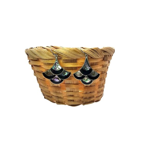 Handmade Alpaca Silver Abalone & Black Onyx Inlay Earrings - Picture 7 of 13